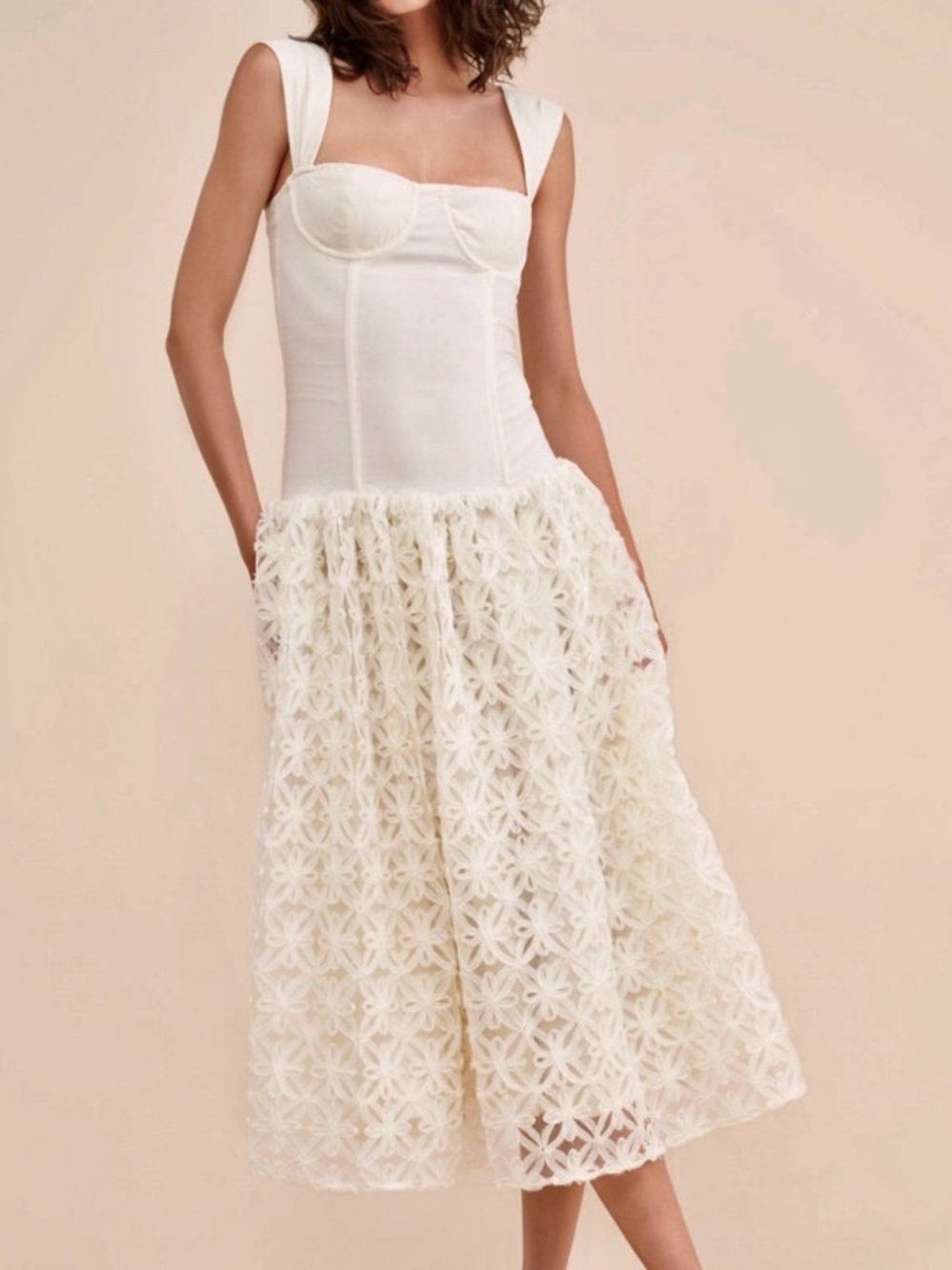 WeWoreWhat Corset floral Lace contrast Midi Dress Cream Textured drop waist
